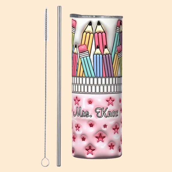 Personalized 3D Effect Pink Stars Pencil Case Design 20oz Skinny Tumbler with Lid and Straw Back to School Appreciation Gift for Teacher Student