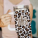 Personalisierte Kuh Leopard Print Monogramm 40oz isoliert Becher mit Deckel Stroh und Griff Geburtstag Geschenk für Cowboys Cowgirls