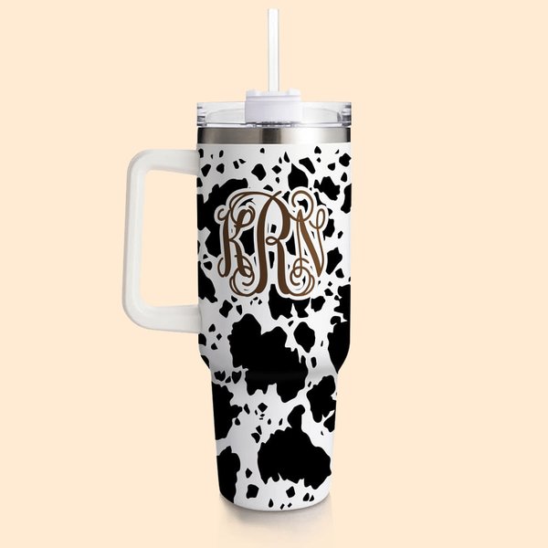 Mucca personalizzata con stampa leopardo Monogram 40 oz Tumbler isolato con coperchio, cannuccia e manico Regalo di compleanno per Cowboys Cowgirls