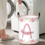 Personalized Floral Large Waterproof Oxford Cloth Toy Storage Laundry Basket  with handle with Name and Initial Housewarming Birthday Gift for Kids