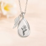 Personligt graverat halsband med graverad födelseblomma, droppe, aska, urna, hängsmycke med vingberlock, kremeringssmycke, minnesgåva, minnesgåva för kvinnor