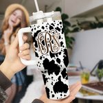 Personalisierte Kuh Leopard Print Monogramm 40oz isoliert Becher mit Deckel Stroh und Griff Geburtstag Geschenk für Cowboys Cowgirls