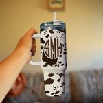 Personalisierte Kuh Leopard Print Monogramm 40oz isoliert Becher mit Deckel Stroh und Griff Geburtstag Geschenk für Cowboys Cowgirls
