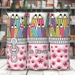 Personalized 3D Effect Pink Stars Pencil Case Design 20oz Skinny Tumbler with Lid and Straw Back to School Appreciation Gift for Teacher Student