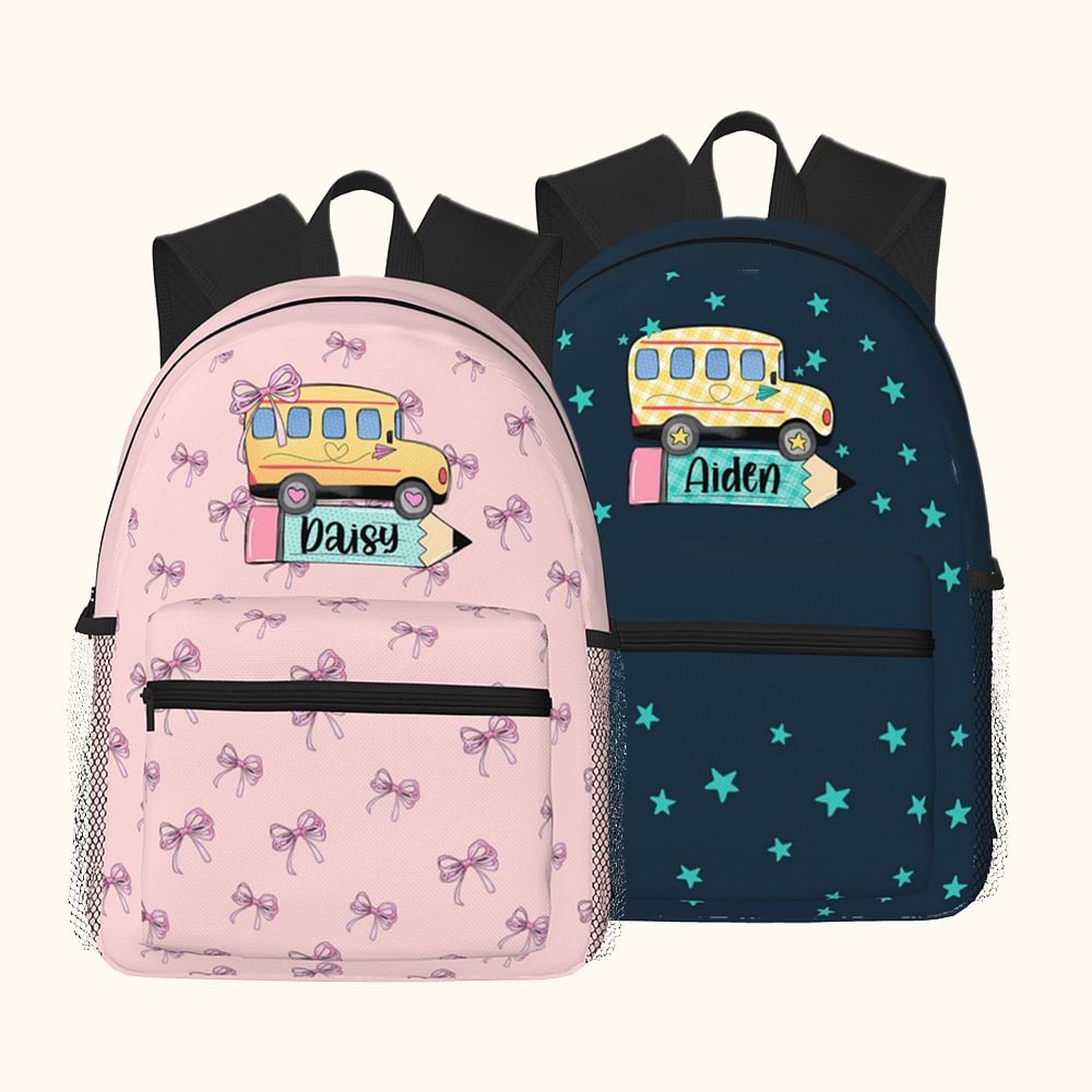 Coquette Bow Star School Bus Design Waterproof Kid School Backpack with Name Back to School Birthday Gift for Boys Girls