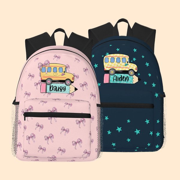 Personalisierte Coquette Bow Star School Bus Design wasserdicht Kind Schule Rucksack mit Namen zurück zu Schule Geburtstag Geschenk für Jungen Mädchen