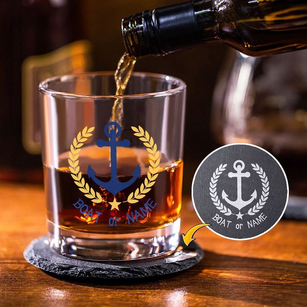 Henkilökohtainen vene ankkuri kuvio Design 10oz Whiskey lasit ja liuskekivi Coaster asetettu tekstillä Syntymäpäivä Isänpäivä lahja isoisä isä viskin 