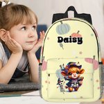 Personalized Halloween Highland Cow Pumpkin Design Waterproof Kid School Backpack with Name Halloween Fall Back to School Gift for Boys Girls