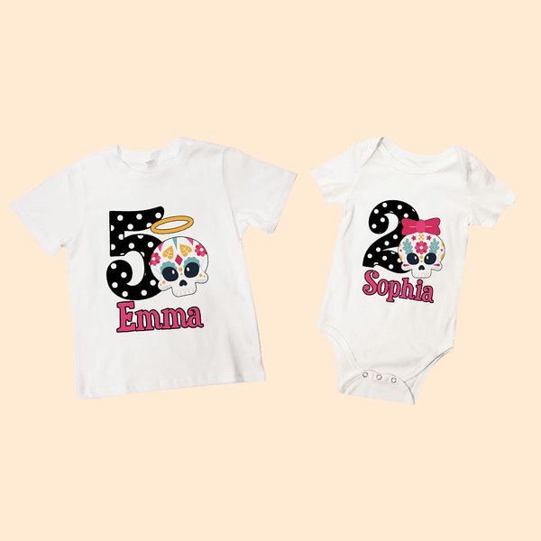 Gepersonaliseerd Gotisch Suikerschedel 100% Katoenen Baby Bodysuit Kinder-T-shirt met Naam en Jaar Dag van de Doden Halloween Cadeau voor Jongens Meis