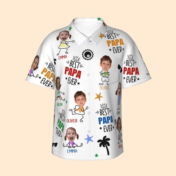 Personalized Best Papa Ever Funny Face Photo 100% Cotton Men's Hawaiian Shirt with Colorful Names Birthday Summer Vacation Gift for Dad Grandpa
