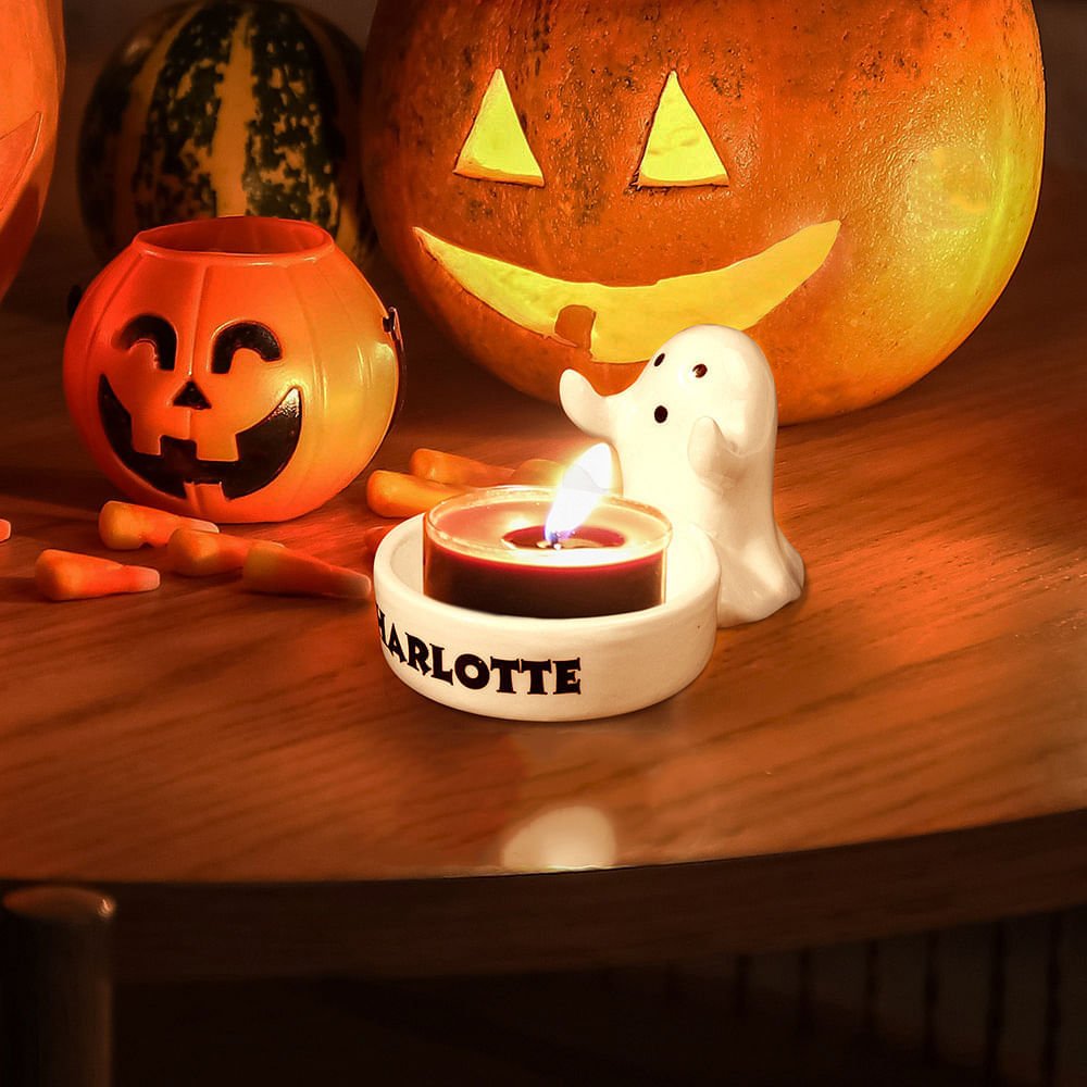 Personlig söt liten spöke keramisk ljushållare med namn heminredning bästa Halloween-present till familj vän