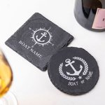 Personalized Boat Anchor Pattern Design 10oz Whisky Glasses and Slate Coaster Set with Text Birthday Father's Day Gift for Grandpa Dad Whisky Lovers