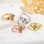 Personalized Engraved Bow Birth Flower Bouquet Sterling Silver Ring with Double Birthstones Birthday Mother's Day Gift for Women