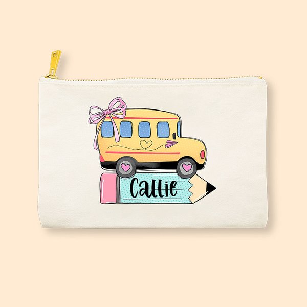 Personalisierte Coquette Bow Star School Bus Design Federtasche mit Namen zurück zu Schule Geburtstag Geschenk für Kinder