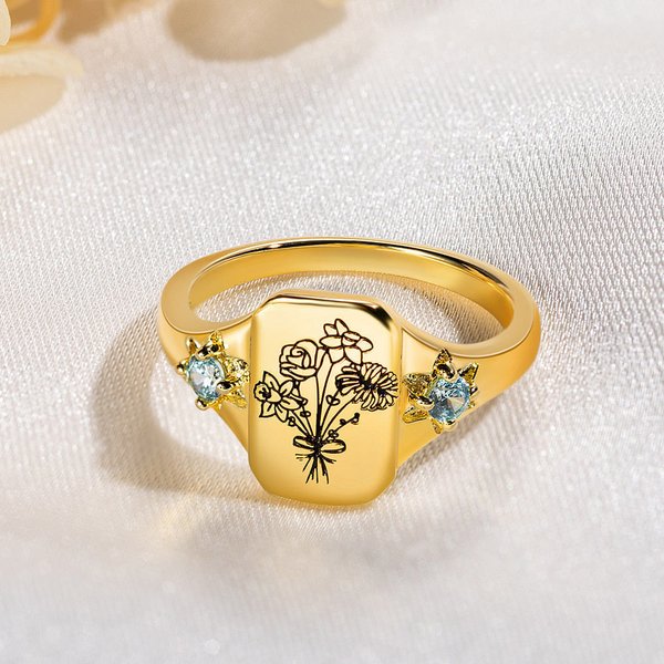 Personalized Engraved Bow Birth Flower Bouquet Sterling Silver Ring with Double Birthstones Birthday Mother's Day Gift for Women