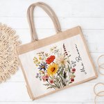 Personalized Wildflower Large Reusable Jute Bag with Name Birthday Wedding Gift for Friends Family