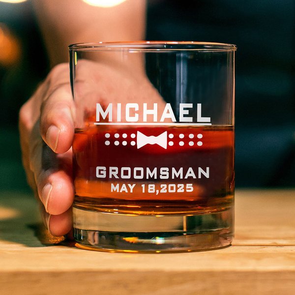 Personalised Bow Tie Monogram 10oz Whiskey Rocks Glass with Engraved Name and Date Birthday Wedding Gift for Men Groomsman