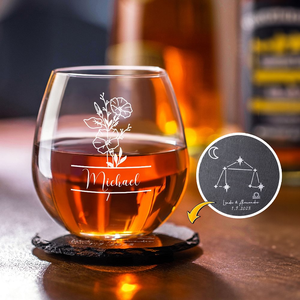 Verres à whisky Bourbon Fleur de Naissance Personnalisé Sous-verre en ardoise avec Nom Cadeau d'Anniversaire pour la Famille et les Amis
