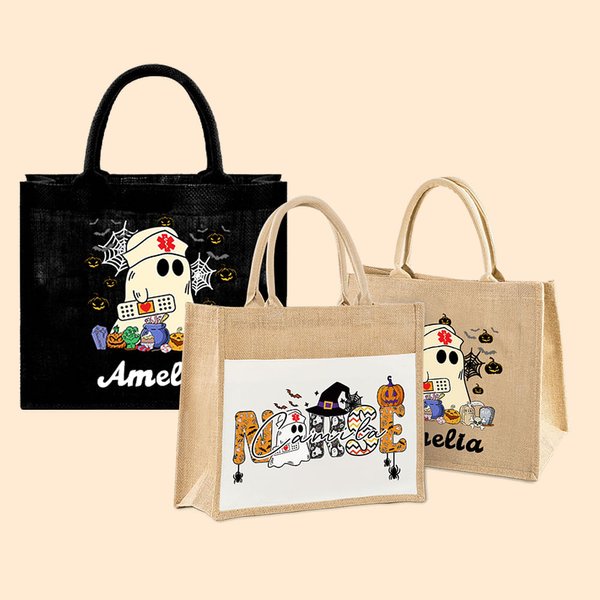 Personalisierte niedlichen Geist Krankenschwester Verband Kürbis Doodle Brief große Kapazität Jute Tote Tasche mit Namen lustig Halloween Geschenk für Krankenschwester