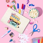 Pochette à crayons personnalisée Coquette Bow Star School Bus Design avec nom Back to School Birthday Gift for Kids