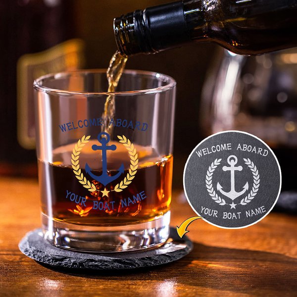 Personalisiertes Boot Anker Whiskyglas und Schiefer Untersetzer Set mit Text 295ml Hochwertiges Kristallglas Geburtstag Vatertag Geschenk für Herren
