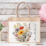 Personalized Wildflower Large Reusable Jute Bag with Name Birthday Wedding Gift for Friends Family
