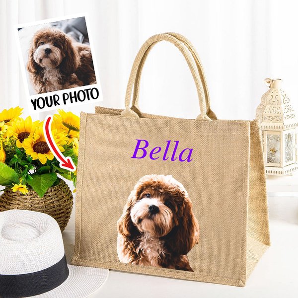 Retrato personalizado de mascota al óleo Bolsa de yute con nombre Accesorio de viaje reutilizable Regalo de cumpleaños para un amante de las mascotas