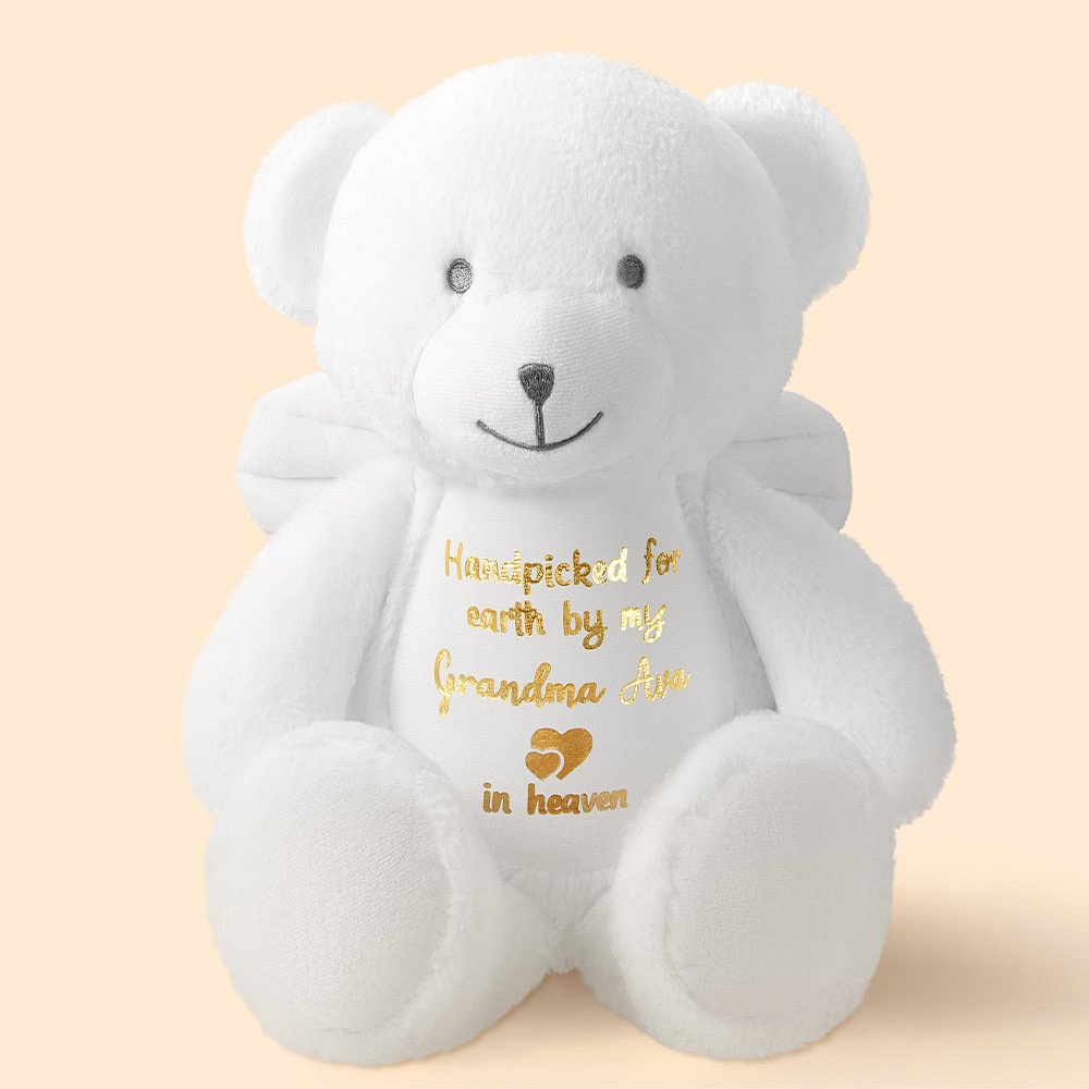 Personnalisé Handpicked for Earth By My Loved One Teddy Bear Plush Toy with Glitter Text Angel Wings Pregnancy Keepsake Memorial Gift for Baby Kids