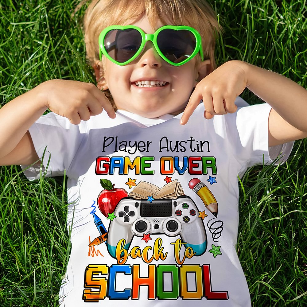 T-shirt personnalisé multicolore avec nom pour enfant Game Over Back To School Cadeau de saison pour filles et garçons