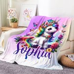 Personalized Rainbow Butterfly Floral Gradient Fantasy Unicorn Warm Soft Blanket with Name Birthday Children's Day Gift for Kids Unicorn Lovers