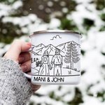 Personalized Newlywed Simple Line Drawing 12oz Camping Enamel Mug with Names and Date Wedding Engagement Anniversary Gift for Couple