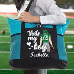 Personalized That's My Boy Cartoon Large Zippered Tote Bag with Name and Number Game Day Birthday Gift for Football Mom Lovers