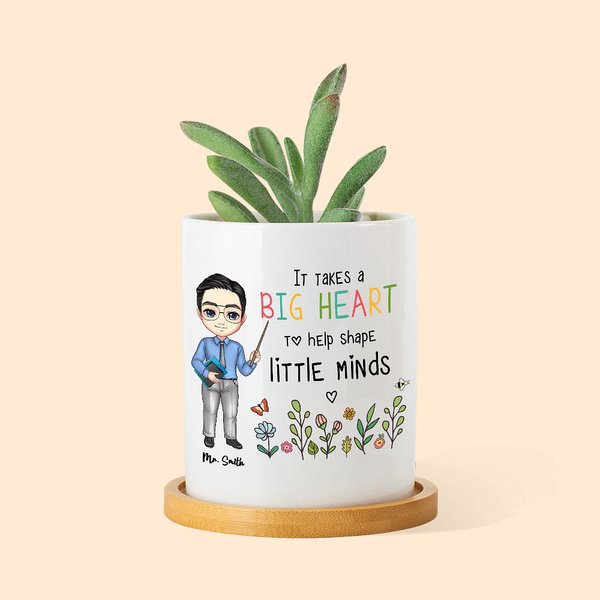 Spersonalizowana doniczka z drenażem dla nauczyciela z serii It Takes Big Heart To Help Shape Little Minds