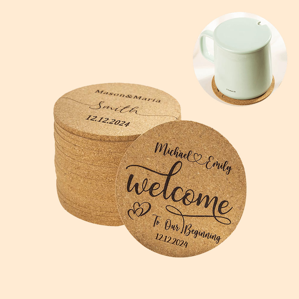 Dessous de verre en liège pour cadeau de mariage personnalisé pour invités Lot de 10