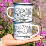 Personalized Newlywed Simple Line Drawing 12oz Camping Enamel Mug with Names and Date Wedding Engagement Anniversary Gift for Couple