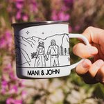Personalized Newlywed Simple Line Drawing 12oz Camping Enamel Mug with Names and Date Wedding Engagement Anniversary Gift for Couple