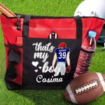 Personalized That's My Boy Cartoon Large Zippered Tote Bag with Name and Number Game Day Birthday Gift for Football Mom Lovers