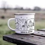 Personalized Newlywed Simple Line Drawing 12oz Camping Enamel Mug with Names and Date Wedding Engagement Anniversary Gift for Couple