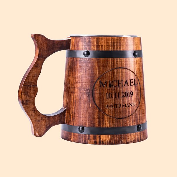 Personalisierter Holz-Bierkrug mit Namen 500ml Holzbecher Geburtstag Oktoberfest Geschenk für Papa Herren