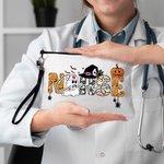 Personalizado Lindo Fantasma Enfermera Vendaje Calabaza Garabato Letra Lino Bolsa de Maquillaje con Nombre Divertido Halloween Regalo para Enfermera