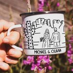 Personalized Newlywed Simple Line Drawing 12oz Camping Enamel Mug with Names and Date Wedding Engagement Anniversary Gift for Couple