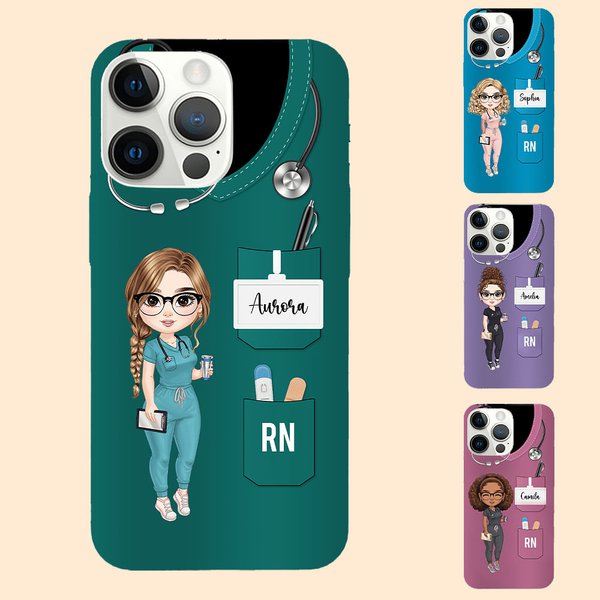 Personalized Multicolor Female Nurse Cartoon Character TPU Phone Case for iPhone with Name and Job Title Birthday Nurse Week Gift for Medical Staff