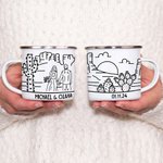 Personalized Newlywed Simple Line Drawing 12oz Camping Enamel Mug with Names and Date Wedding Engagement Anniversary Gift for Couple