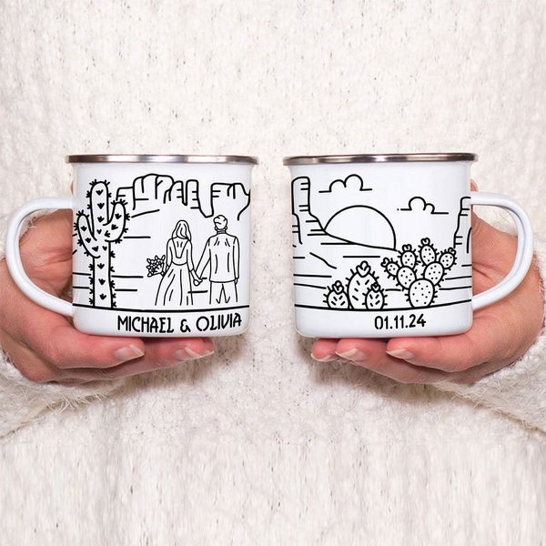 Personalisierte Newlywed einfache Linie Zeichnung 12oz Camping Emaille Becher mit Namen und Datum Hochzeit Verlobung Jahrestag Geschenk für Paar