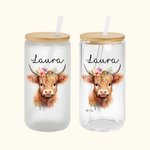 Personalized Highland Cow 20oz Name Glass Cup with Bamboo Lid Birthday Gift  for Young Group Highland Cow Lovers