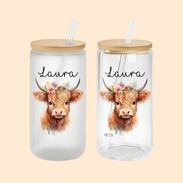 Personalisierte Hochlandkuh 20oz Name Glasbecher mit Bambusdeckel Geburtstagsgeschenk für junge Gruppe Hochlandkuh-Liebhaber
