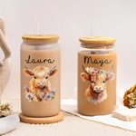 Personalized Highland Cow 20oz Name Glass Cup with Bamboo Lid Birthday Gift  for Young Group Highland Cow Lovers