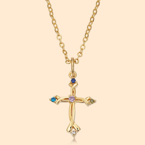 Personalised 5 Birthstones Cross Necklace Birthday Christian Gift for Women