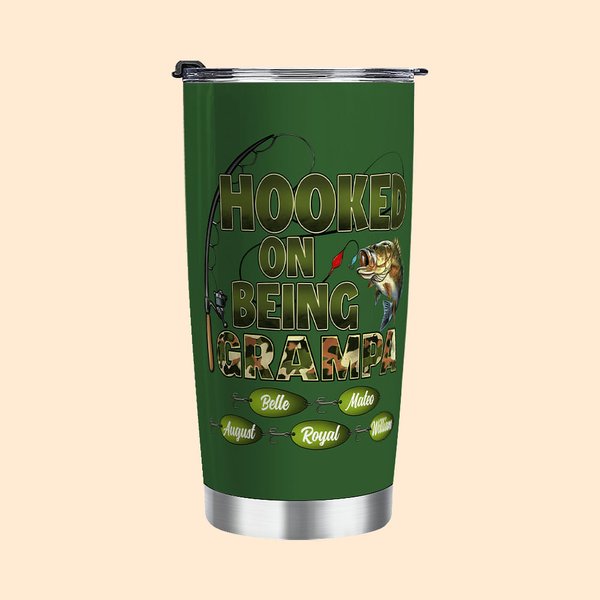 Personalized Hooked on Being Papa Fishing Theme 20oz Tumbler with Title and 1 - 20 Kid Names Grandparents Day Father's Day Gift for Dad Grandpa