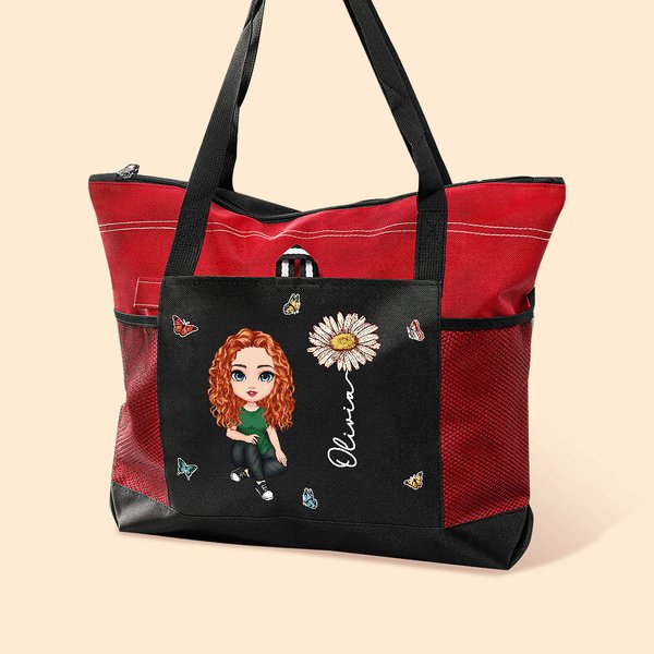 Personalisierte Cartoon Figur Tragetasche Oxford Tote Bag mit Namen und Geburtsblume Reise Urlaub Essentials Geburtstag Geschenk für Damen Mädchen